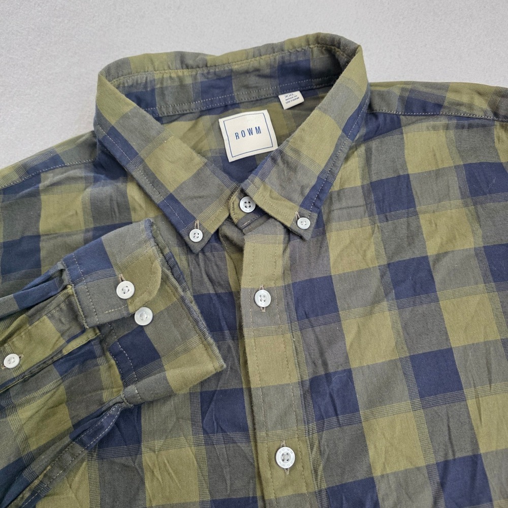 ROWM Mens XXL Plaid Button Down Shirt Olive Green Navy Blue Cotton Blend Stretch
